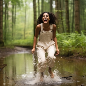 欧美树林美女畅快踩水图片